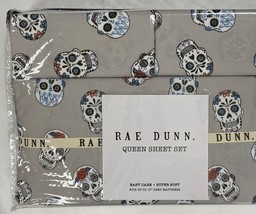 New Rae Dunn 4 Piece Queen Sheet Set Gray with Halloween Sugar Skull Print - £39.56 GBP