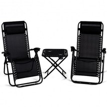3 Pieces Folding Portable Zero Gravity Reclining Lounge Chairs Table Set-Black - £126.50 GBP