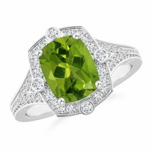 ANGARA Art Deco Inspired Cushion Peridot Ring with Diamond Halo - £1,425.98 GBP