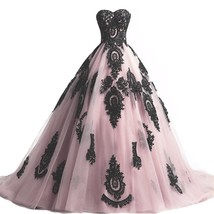 Kivary Long Ball Gown Black Lace Gothic Corset Formal Prom Evening Dresses Pink  - £129.96 GBP