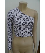 BITCHING & JUNKFOOD ladies white black motif one sleeve top UK 8 GOTH PUNK - $18.95