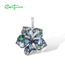 Authentic 925 Sterling Silver Pendant For Women Sparkling Multi Gems Blue Lily F - £44.10 GBP