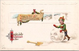 Jolly Christmas Child Rolling Large Snowball With Face Unposted Postcard Y6 - £11.81 GBP