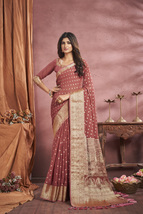 Designer Onion Pink Heavy Viscose Weaving Work Sari Georgette Party Wear... - £65.74 GBP