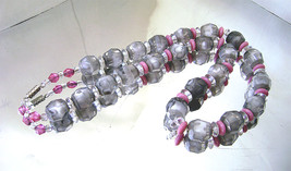 Vintage Gray Givre &amp; Pink Rondelle Glass Faceted Beads Necklace  - £22.98 GBP