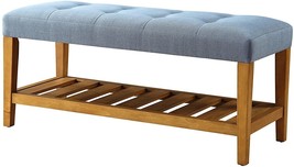 40&quot; Blue And Brown Upholstered Polyester Bench With Shelves - £222.60 GBP