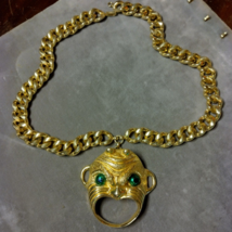 Nettie Rosenstein signed Monkey necklace chunky chain green glass eyes - $325.00