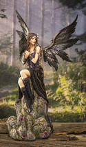 Necromancy Gothic Black Fairy With Raven Crow Sitting On Rock Figurine 15.25&quot;H - £78.17 GBP