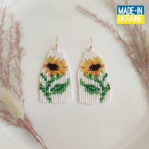 Long beaded earrings with sunflowers, gift - £21.50 GBP