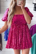 Rose Red Short Puff Sleeve Sequin Babydoll Romper - £45.37 GBP