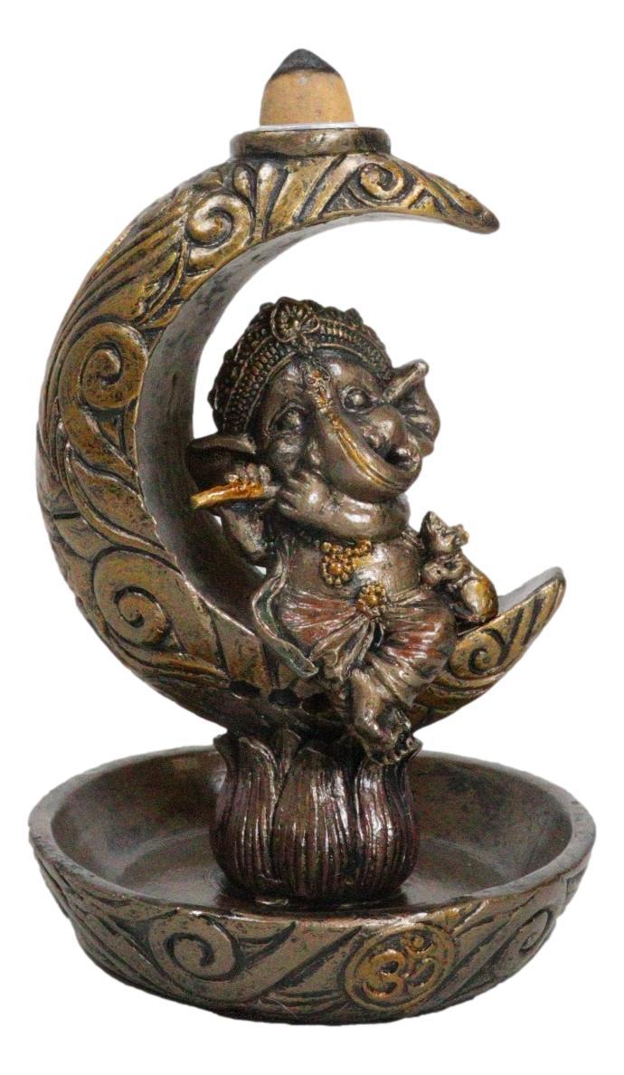 Hindu God Baby Ganesha Playing Flute On Crescent Moon Backflow Incense B... - $25.99