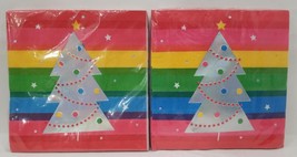 Lot Of 2 Holiday Time Rainbow Stripe Silver Christmas Tree Deco Lunch Napkins - £18.48 GBP