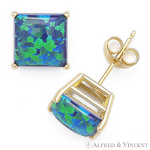 Peacock Square Cut Lab-Created Opal Studs 14k Yellow Gold Pushback Stud Earrings - £52.20 GBP+