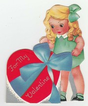 Vintage Valentine Card Little Girl and Kitten Playing with String 1940&#39;s - £7.74 GBP