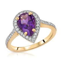 14K Solid Gold Ring With Natural Diamonds &amp; Pear Shape Purple Amethyst - £821.47 GBP
