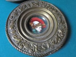 Antique Ceramic Wall Plaque French Faience Plate Boy Port Brass Hammered Frame - £135.45 GBP