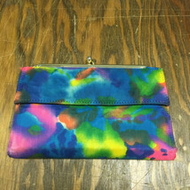 Vintage clutch wallet bright watercolor fabric blue vinyl interior metal... - $19.75