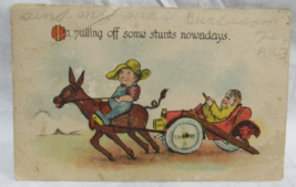 S B Postcard I&#39;m Pulling Off Stunts Nowadays Donkey Pulling Car Vintage ... - $2.96