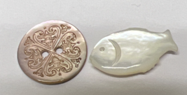 2 Vintage Hand Carved Mother Pearl Iridescent Cross Figural Fish Buttons - $9.90