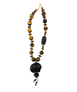 Large Bead Tiger&#39;s Eye Cat&#39;s With Elephant Tribal Beads 17&quot; RARE Necklace - $49.50