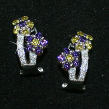 Created Stones Amethyst Citrine Flower Earrings White 14k Gold over 925 SS Omega - £37.20 GBP