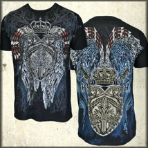 Rock Moto Metal Eagles Wings Shield Rhinestones Foil UFC MMA Mens T-Shirt Black - £26.48 GBP