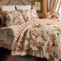 King size 3-Piece Cotton Quilt Set in Pink Beige Floral Butterflies - £223.14 GBP