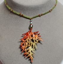 Handmade Orange Green Enamel Natural Juniper Branch Pendant Bead 16&quot; Nec... - $23.76