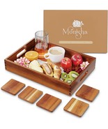 Acacia Wood Serving Tray w/ Handles + 5 Coasters, Rustic Rectangular Design - $645.68 MXN