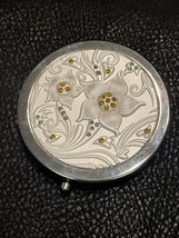 Floral Rhinestones, Compact  Double Sided Mirror, Silver Tone 2.75” Diameter - £11.07 GBP
