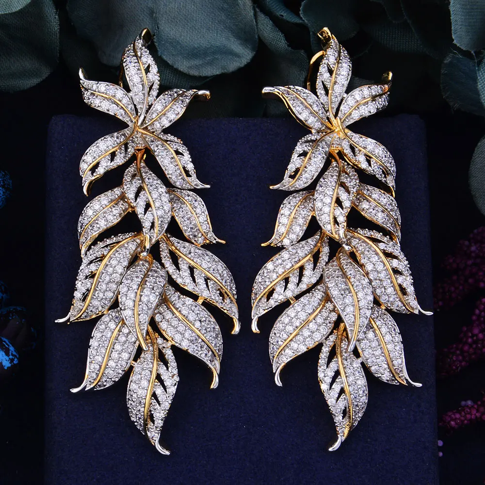 80Luxury Exclusive Leaf Leaves Cubic Zirconia African Wedding Women Dress Earrin - £41.91 GBP