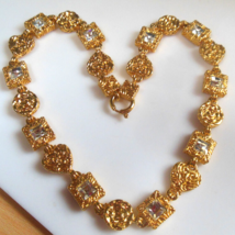Gold-tone Hearts, Squares, Rhinestones Collar Necklace 16&quot; - $34.65