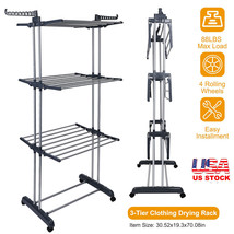 3 Tier Clothes Drying Rack Laundry Organizer Rolling Dryer Hanger Stand Folding - £60.33 GBP