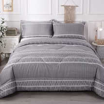Grey King Size Comforter Set, 3 Pieces Bedding Comforter Sets (1 Geometric Strip - £66.44 GBP