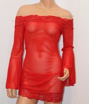 New Sexy Lingerie Red Off Shoulder Mesh Flare Sleeve Mini Dress M /  L - £25.25 GBP