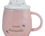 Whimsical Pastel Pink Feline Kitty Cat Cup Mug With Lid And Stirring Spoon - £14.17 GBP