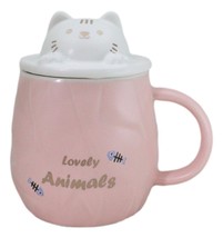 Whimsical Pastel Pink Feline Kitty Cat Cup Mug With Lid And Stirring Spoon - £14.07 GBP