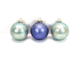 3 Elegant Glass Ornaments Christmas by Krebs Blue Silver Glitter 1980s - £10.31 GBP