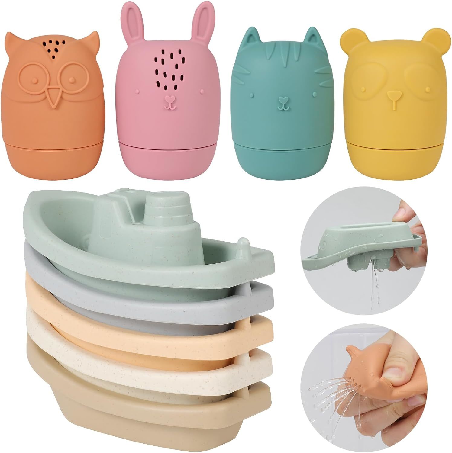 Bath Toys Floating Boats With Silicone Bathtub Toys,9Pcs Mold Free Baby ... - $32.95