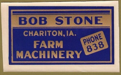 Primary image for Bob Stone Farm Machinery Chariton Iowa Advertising Decal NOS