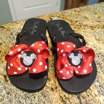Cute Red Polka Dot Bow Ribbon Flip Flops with Mickey Mouse in Glitter 11/12 - £30.85 GBP