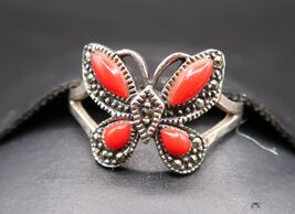 Vtg Sterling Silver 925 Southwestern Butterfly Ring W/ Red Coral Wings S... - $49.99