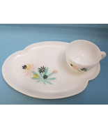 Mid Century Milk White Glass Snack Lunch Sandwich Set Plate Cup Pink Black - £23.49 GBP