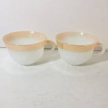 2 Tea Cups Vintage FireKing Ware Lusterware Swirl Milk Glass White Peach Stripe - $23.76