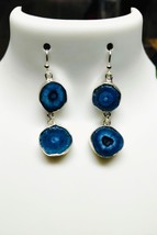 Double Blue Agate Druzy Earrings | Raw Crystal Slice Dangle Earrings | S... - $937.35 MXN