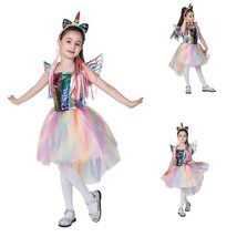 Rainbow Princess Dress Set Girl Halloween Cosplay Costume With Headband Wig - £26.85 GBP