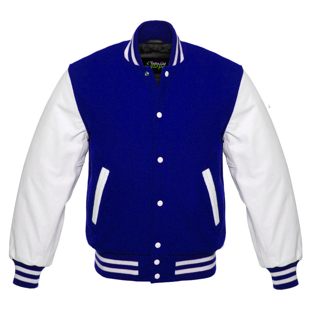 Unisex Varsity Letterman Jacket Royal Blue Wool with White Real Leather Sleeves