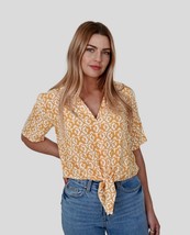 SELF E Womens Yellow Tie Hem Short Sleeve Collared Button Up Top - $8.90