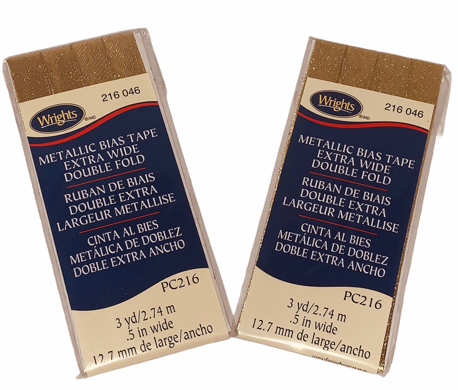 2 Packs Gold Metallic 1/2" Extra Wide Double Fold Bias Tape 216-046 PC216 6 Yds - $10.18