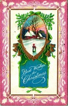 Best Wishes for Christmas Embosssed Gilt Winter Scene Holly Border 1911 Postcard - £4.85 GBP